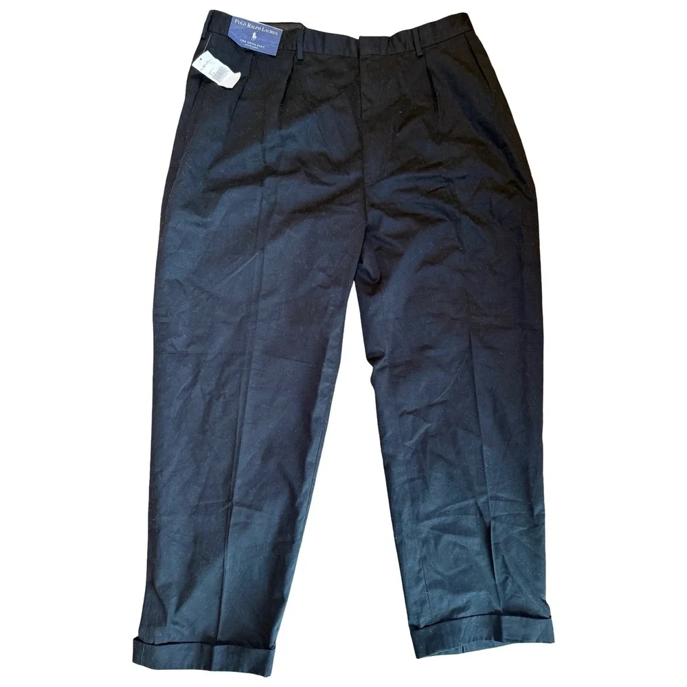 olo Ralph Lauren The Siena Pant Mens 40x30 Black Pleated Cuffed Cotton Trousers